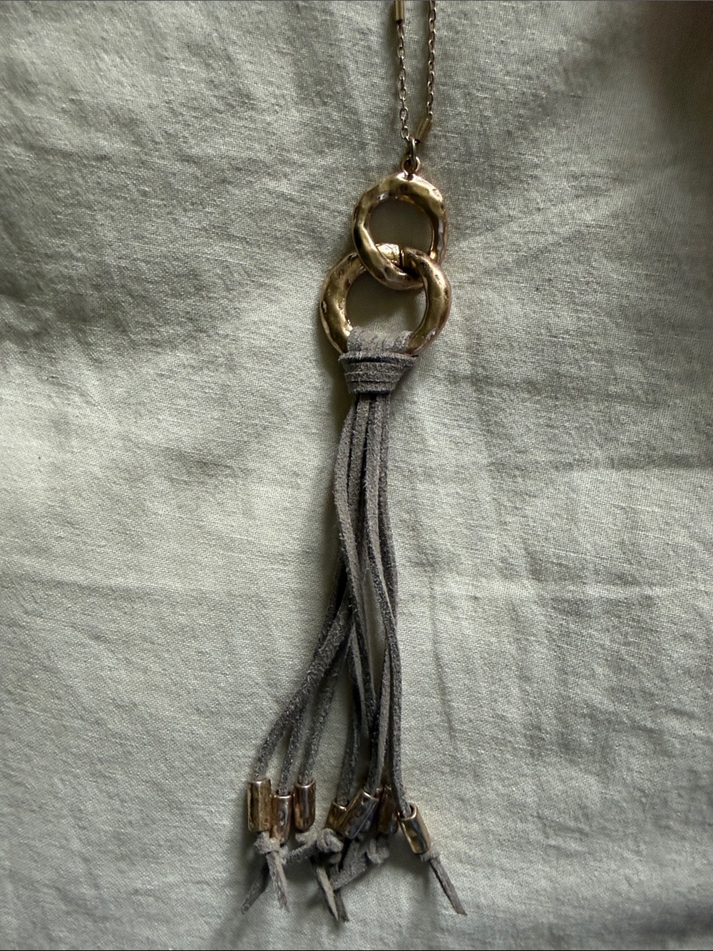 Gold Ring Pendant Necklace with Gray Suede Tassel